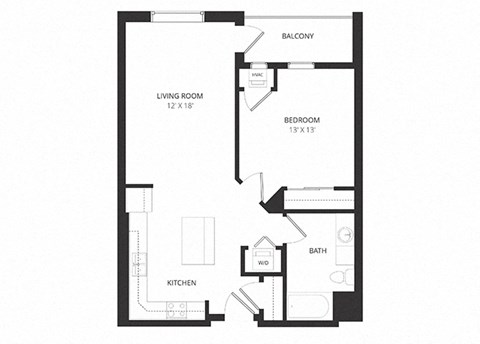 Floor plan for 1 bed, 1 bath, 752 sqft